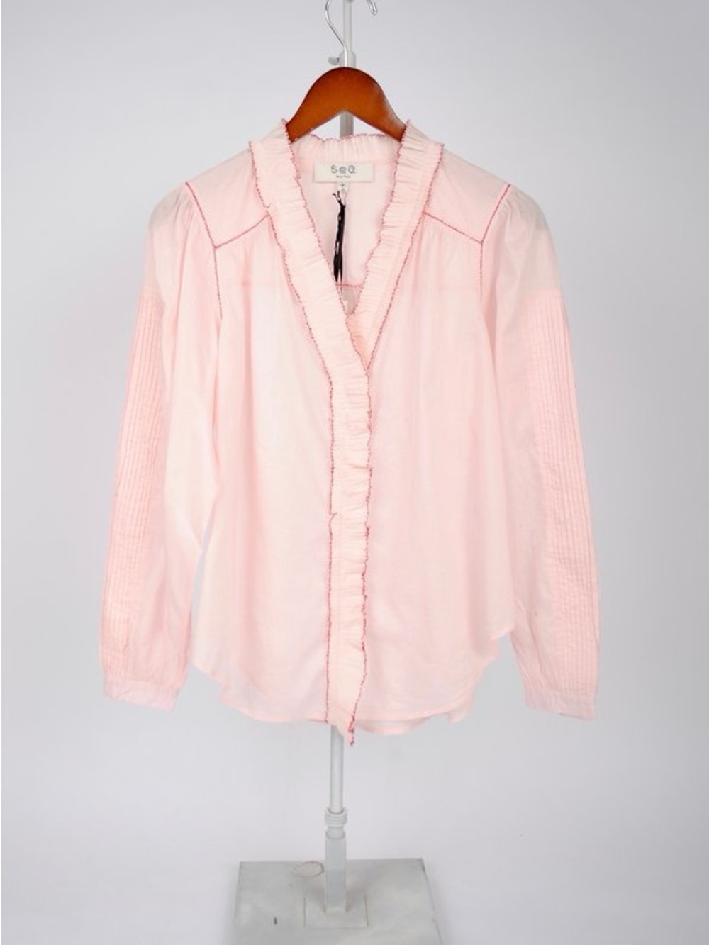 Sea New York Seraphina Long Sleeve Ruffle Pink Blouse with Red Contrast Trim